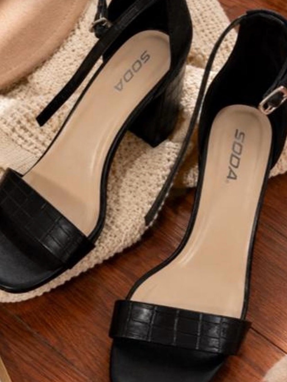 Soda Black Croc-Textured Block Heel Sandals